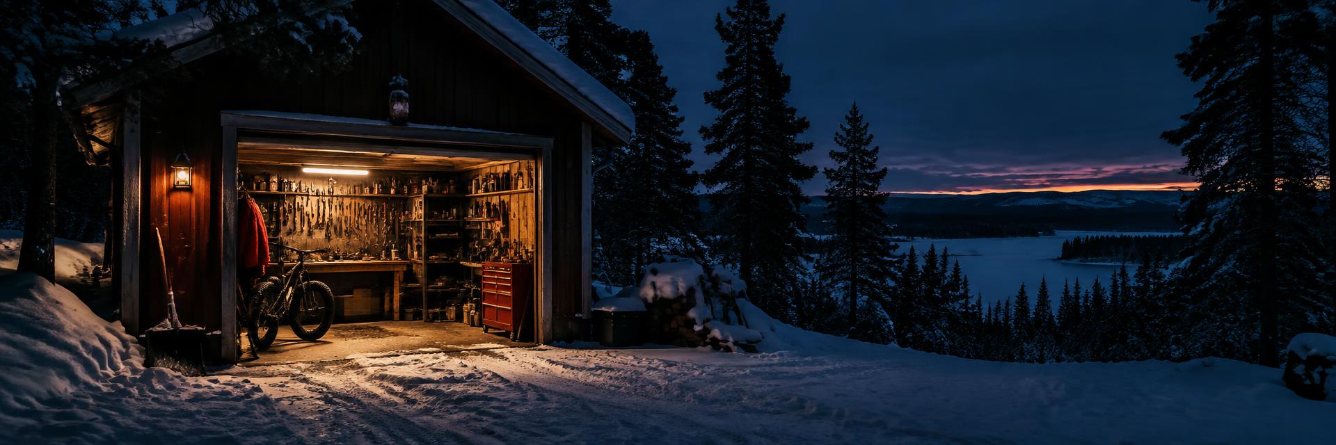 Upplyst verkstad i snöig skog vid skymning i Jokkmokk